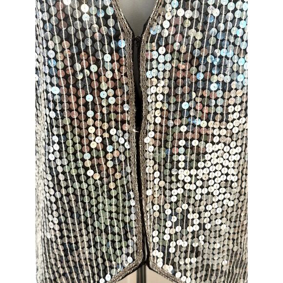 'AJ' India Vintage Silver Sequin/Black Silk Rayon Vest Women's Size Large - Picture 4 of 10